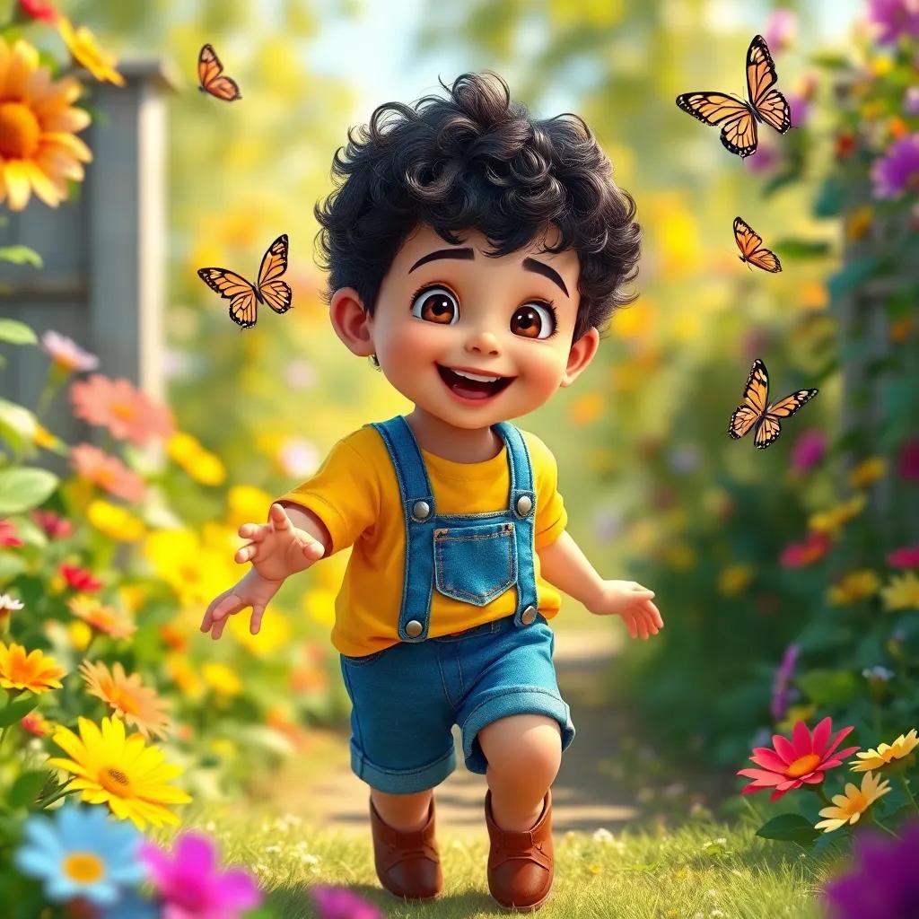 A small two-year-old boy, Bashar, with curly dark hair, wearing a bright yellow shirt and denim shorts, playing joyfully in a sunny garden, surrounded by colorful flowers and fluttering butterflies, cheerful atmosphere, digital art, vibrant colors, high quality