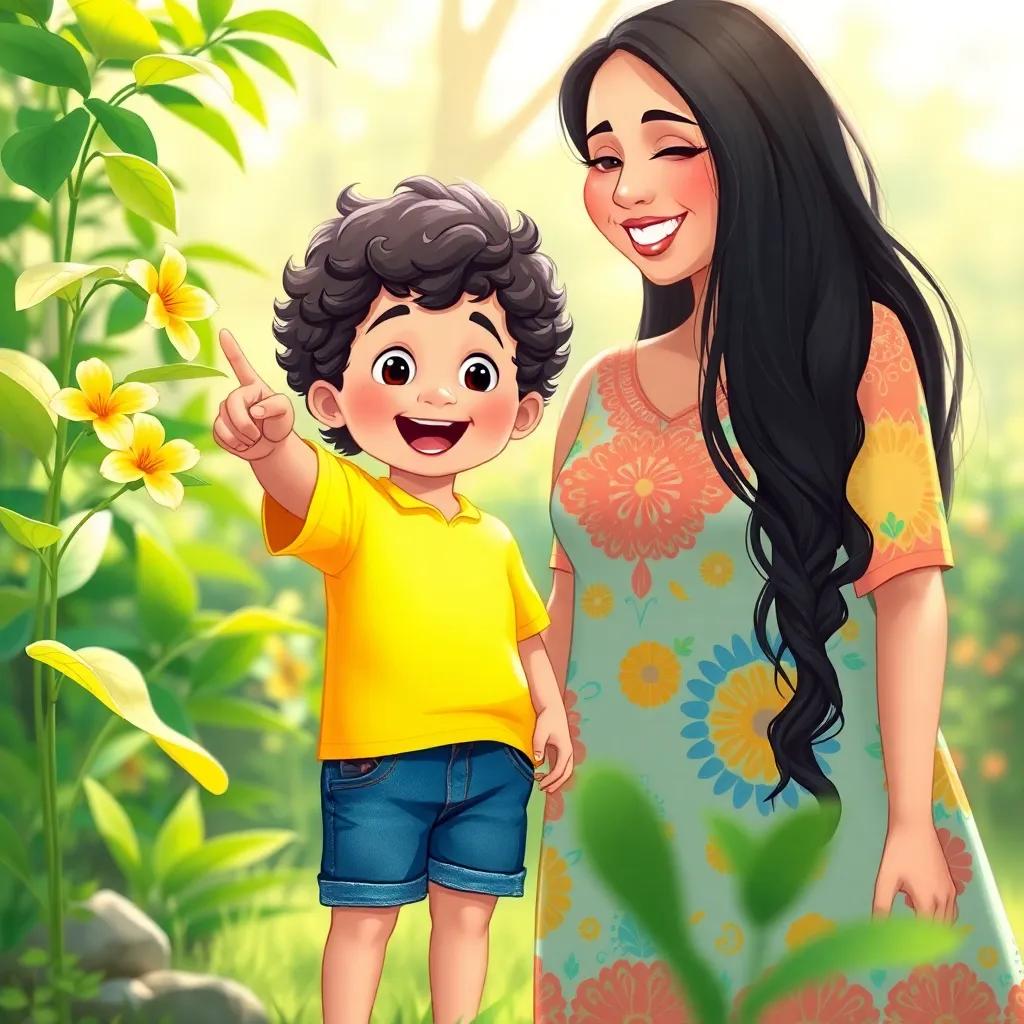 Bashar, a small two-year-old boy with curly dark hair in a bright yellow shirt and denim shorts, curiously pointing at a beautiful flower while his mother, a Middle-Eastern woman with long black hair, wearing a colorful dress, stands beside him, smiling warmly, surrounded by sunlight and greenery, heartwarming scene, illustration, bright and inviting