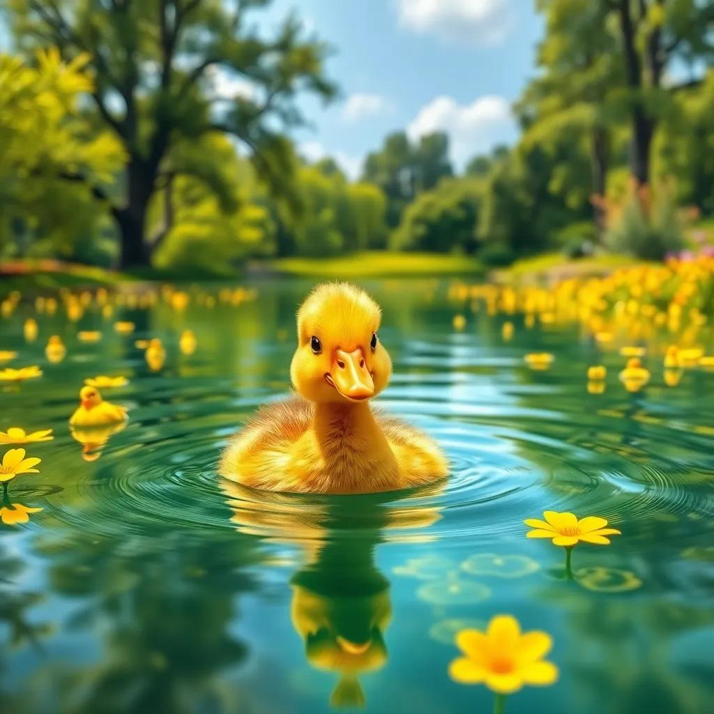 A small duck, Mariam, with bright yellow feathers, swimming happily in a beautiful lake surrounded by green trees and bright flowers, cheerful atmosphere, digital art, vibrant colors, high quality
