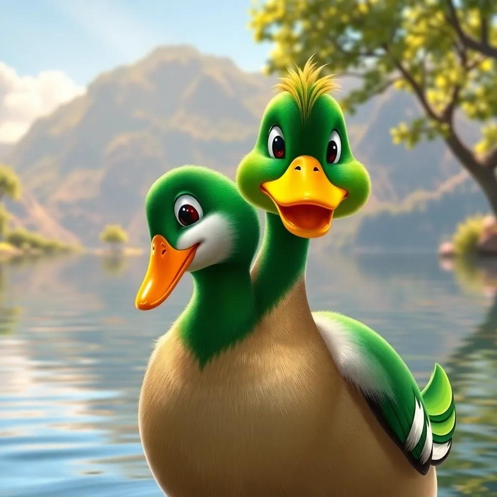 A charming male duck, Sami, with shiny green feathers and a golden beak, standing in front of Mariam with a loving smile, set in a picturesque lake, light and vibrant, warm sunlight, joyful mood, illustration, colorful