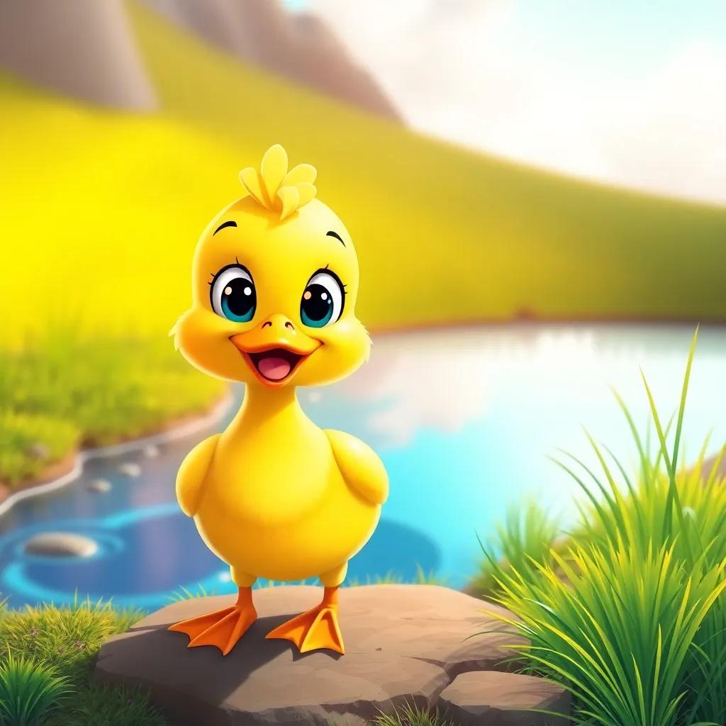 A happy duck named Lulu, with soft yellow feathers and big bright eyes, standing by a small lake with blue water and green grass, digital art, cheerful scene, warm colors, vibrant atmosphere, child-friendly