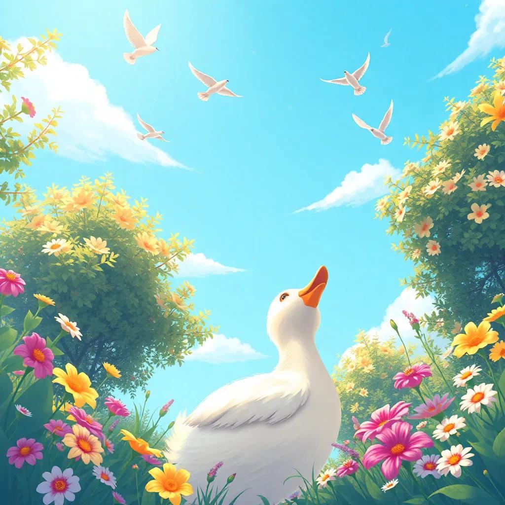 A picturesque view of Lulu the duck looking up at the clear blue sky, with birds flying above, surrounded by flowers and trees, illustration, bright and engaging, playful atmosphere
