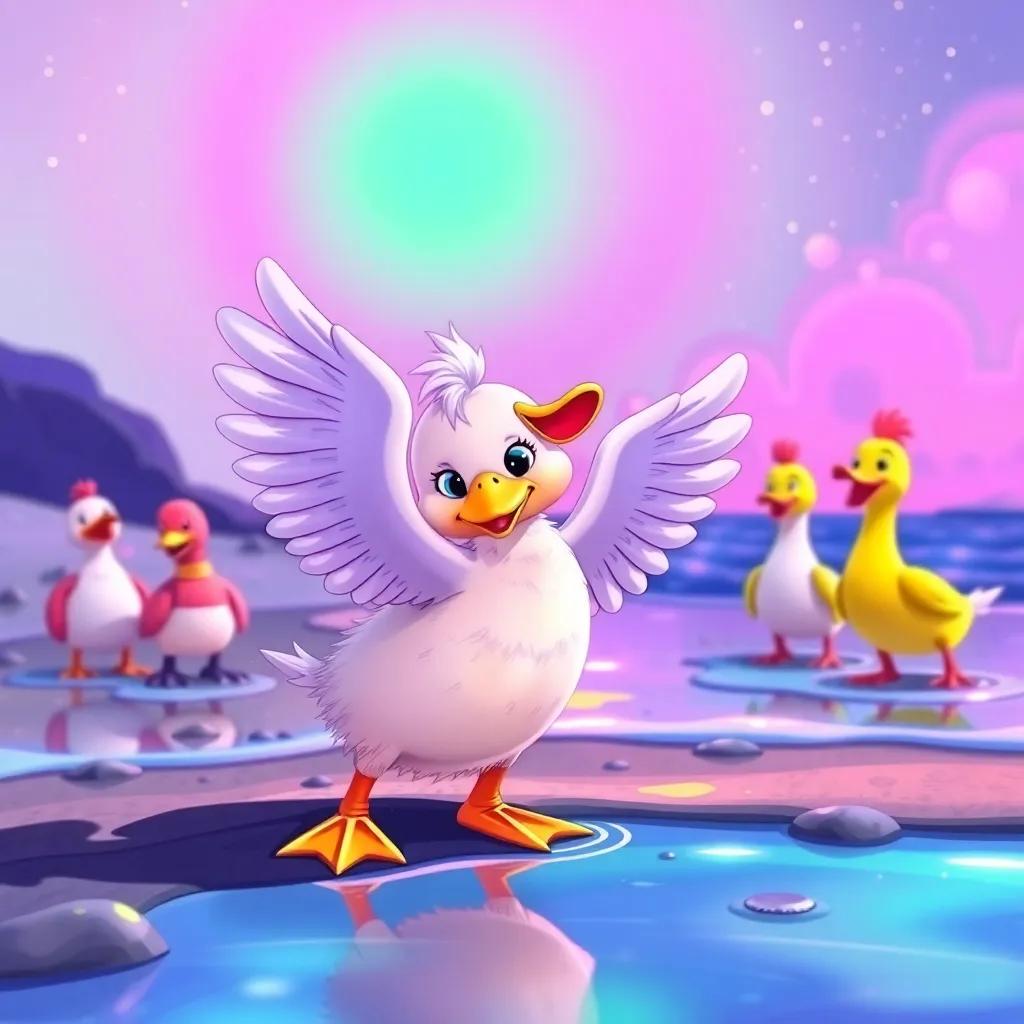 Lulu the duck trying to flap her small wings, with determination on her face, standing on the shore while her friends watch and cheer, colorful, lively scene, fun atmosphere, child-friendly