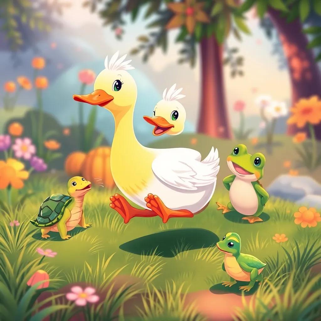 Lulu the duck running on the grass, her friends, a little turtle and a playful frog, encouraging her, vibrant nature background, cheerful illustration, inviting and warm colors