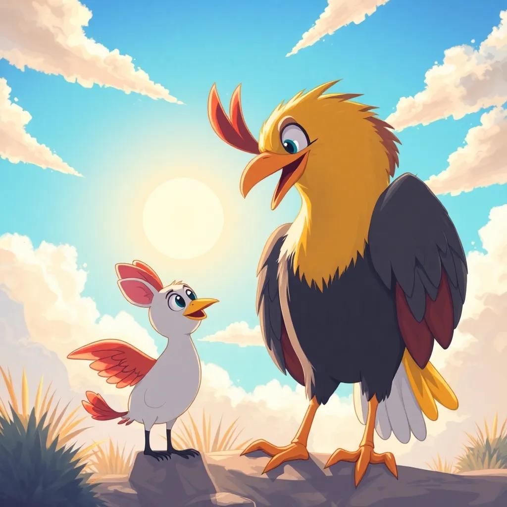 A big friendly bird showing Lulu how to flap her wings, with Lulu looking excited and curious, set against a backdrop of a bright sunny sky, illustration, rich colors, engaging atmosphere