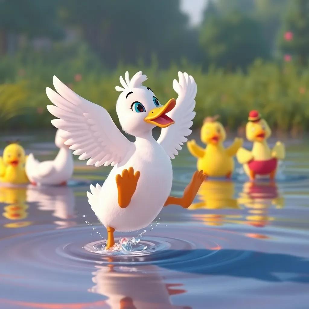 Lulu the duck practicing on the water, energetically jumping and trying to lift off, with her friends cheering in the background, colorful, animated style, lively scene