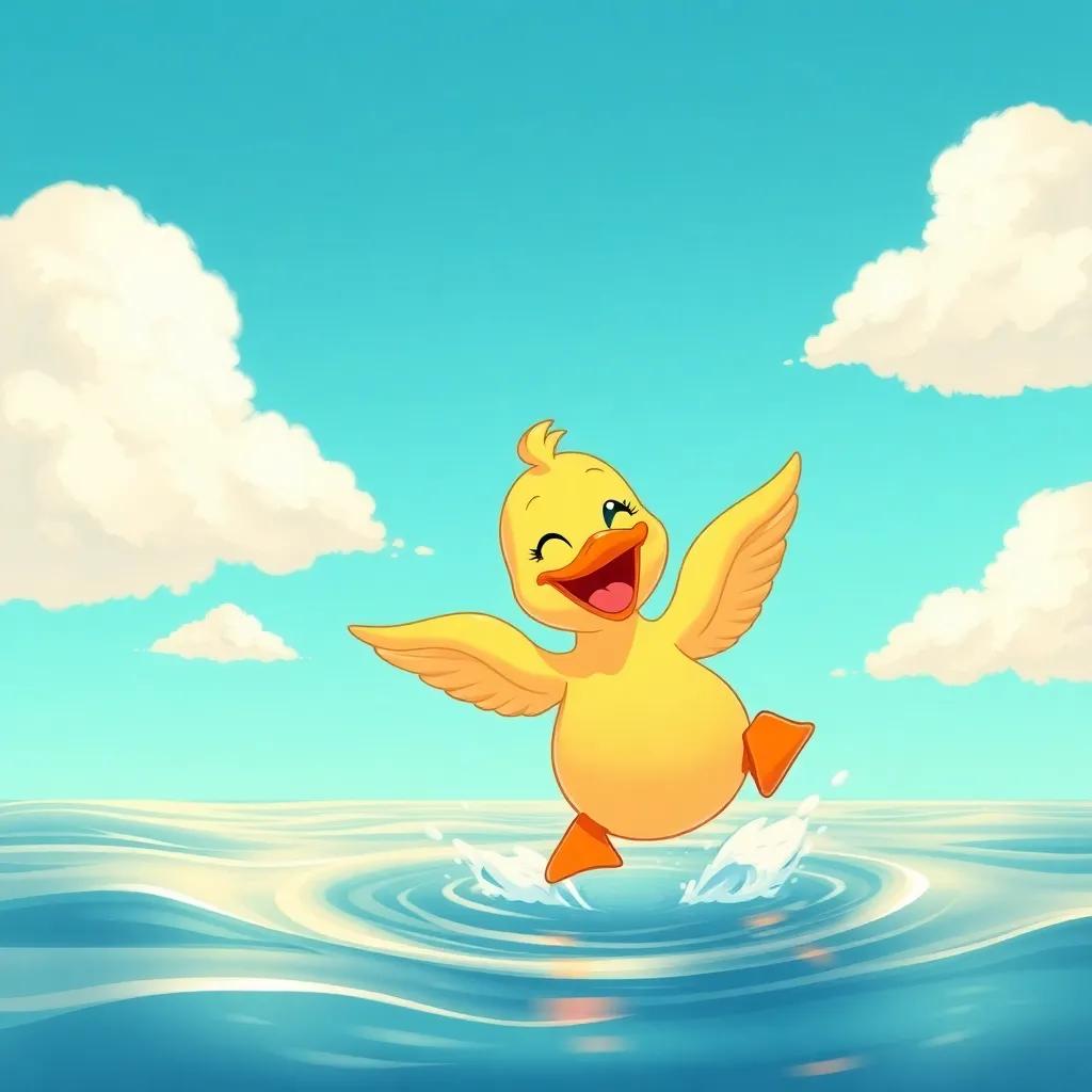 Lulu the duck finally soaring above the water, with a big smile on her face, bright blue sky and fluffy white clouds behind her, illustration, joyful scene, vibrant colors, exciting atmosphere