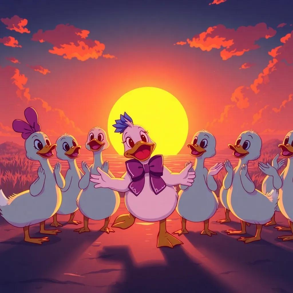 Lulu the duck returning to her friends, all cheering and clapping for her achievement, a beautiful sunset behind them, warm colors, heartwarming scene, celebratory atmosphere