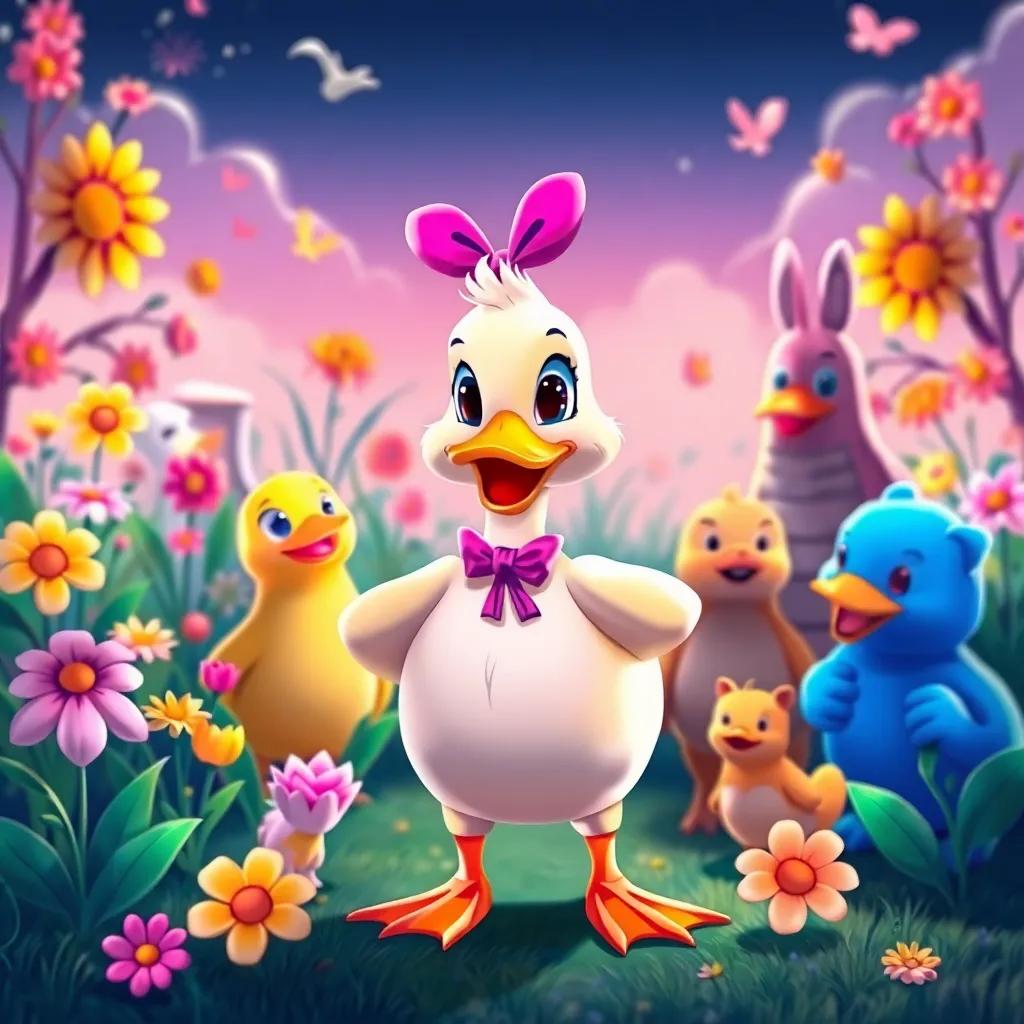 Lulu the duck proudly standing with her friends, sharing her adventure about learning to fly, surrounded by flowers and happy animals, colorful, inviting, community theme