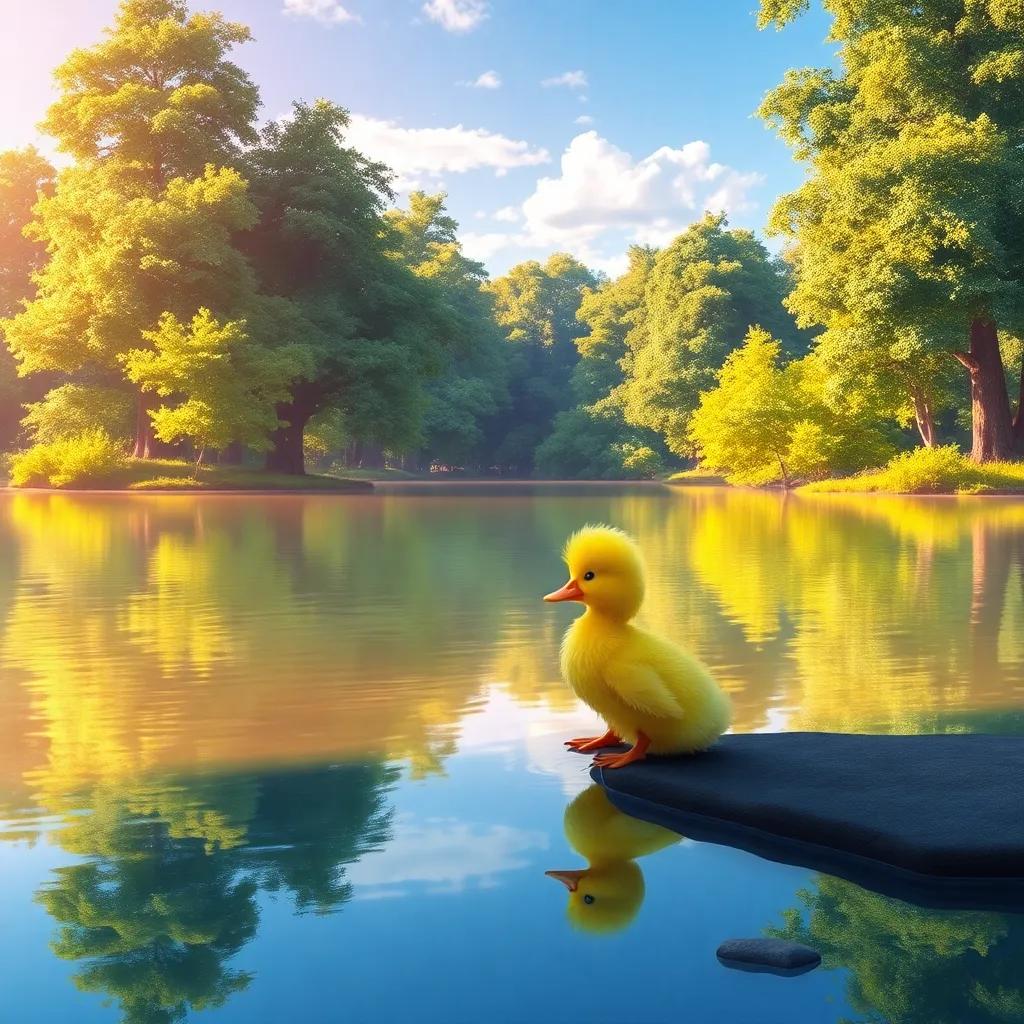 A charming lake surrounded by green trees, with a small duck named Lulu with bright yellow feathers sitting at the edge of the water, dreaming of flying, digital art, serene and lively colors, inviting atmosphere, high quality