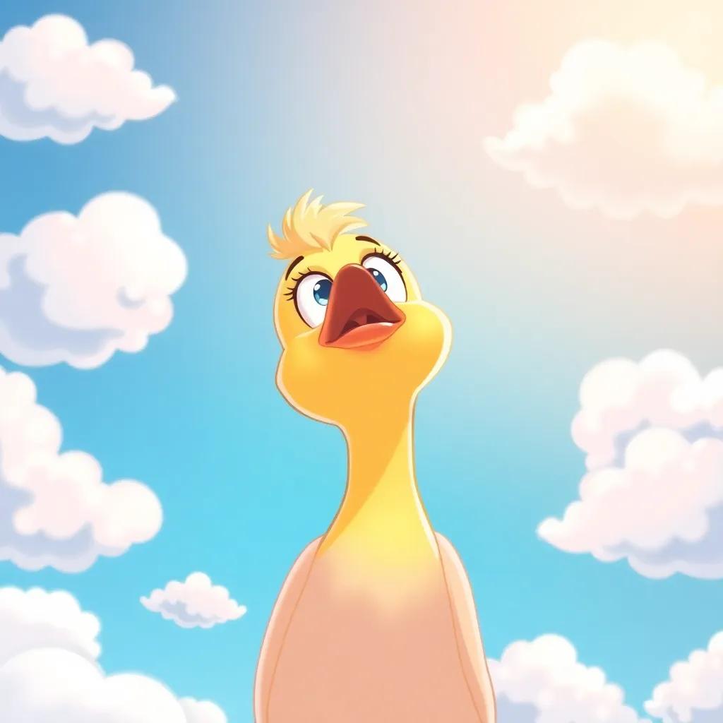 Lulu the duck looking up at a bright sky with fluffy white clouds, her eyes sparkling with determination, trying to jump high, illustration, cheerful tones, hopeful perspective, child-friendly
