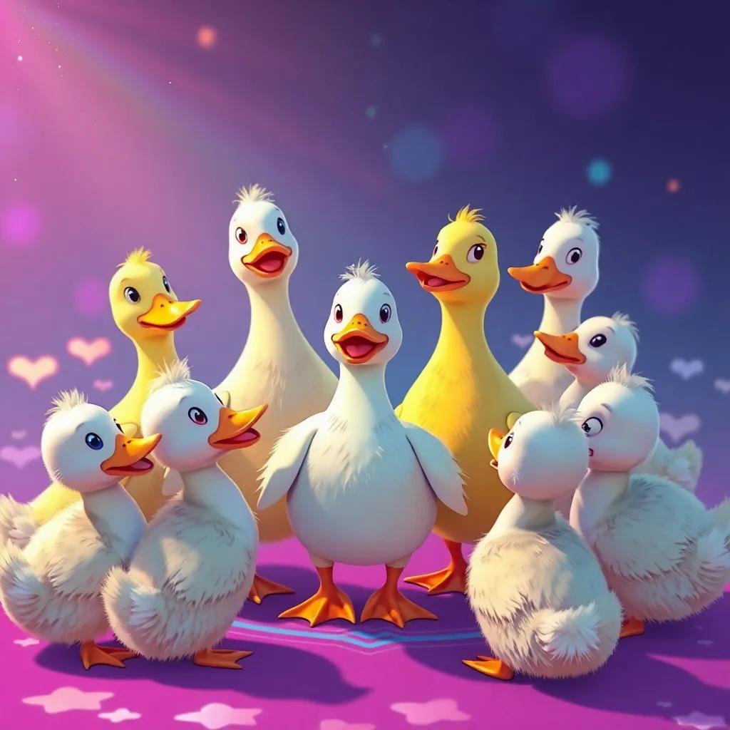 A group of cheerful ducks gathered around Lulu, encouraging her and getting ready to jump together, vibrant colors, playful and supportive atmosphere, high quality
