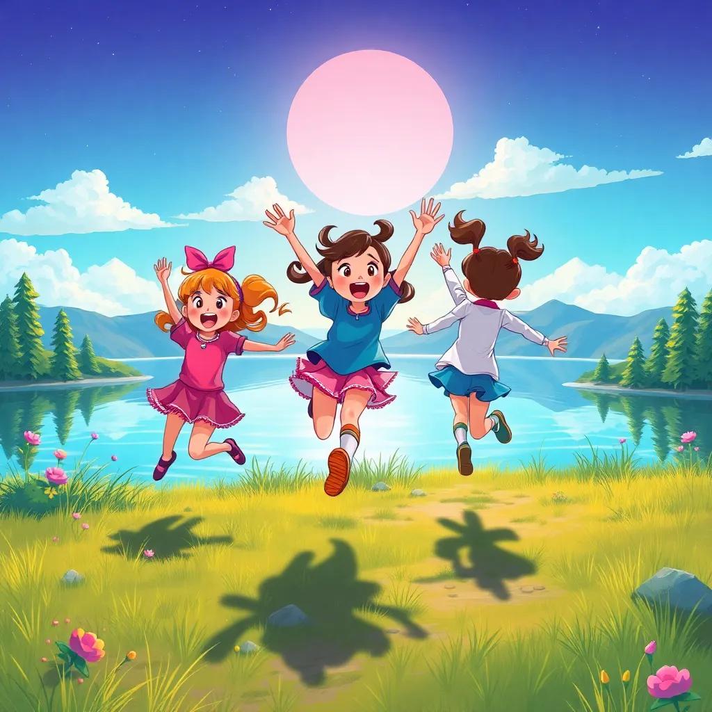 Lulu and her friends running toward the lake together, taking a leap into the air with joy, colorful scene, fun and energetic vibe, child-friendly illustration