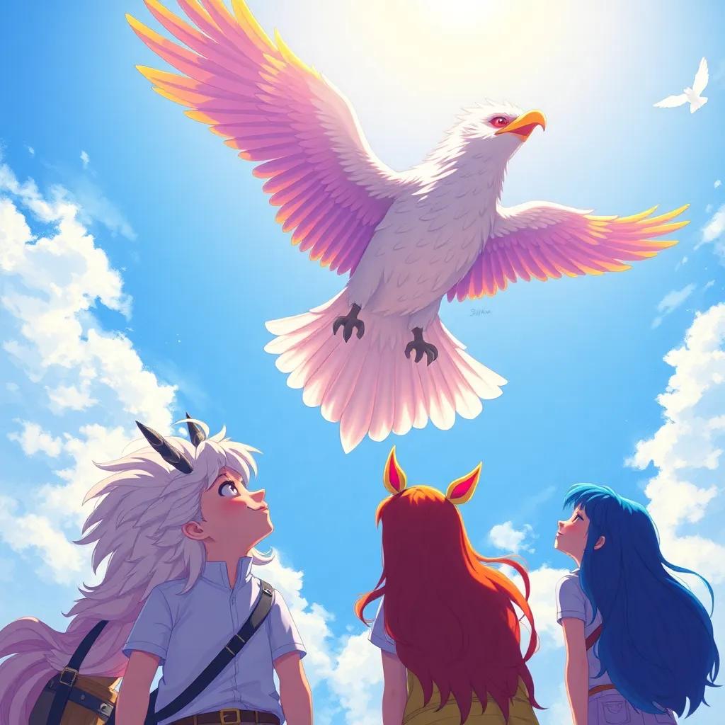 A majestic bird soaring high above Lulu and her friends, looking down at them with a friendly smile, blue sky and sunshine, encouraging and uplifting mood, digital painting, high detail