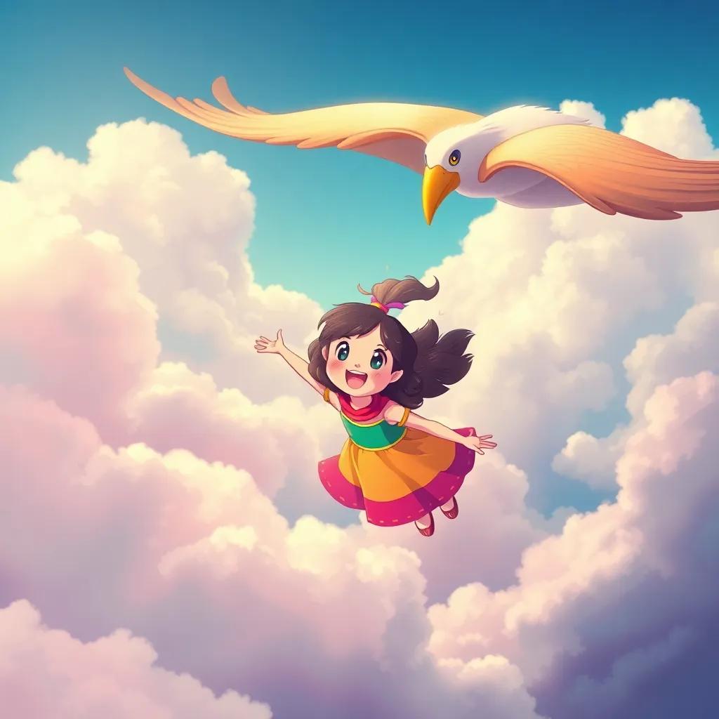 Lulu happily flying with the big bird, feeling the wind beneath her feathers, surrounded by fluffy clouds, vibrant colors, joyful and adventurous perspective, child-friendly art