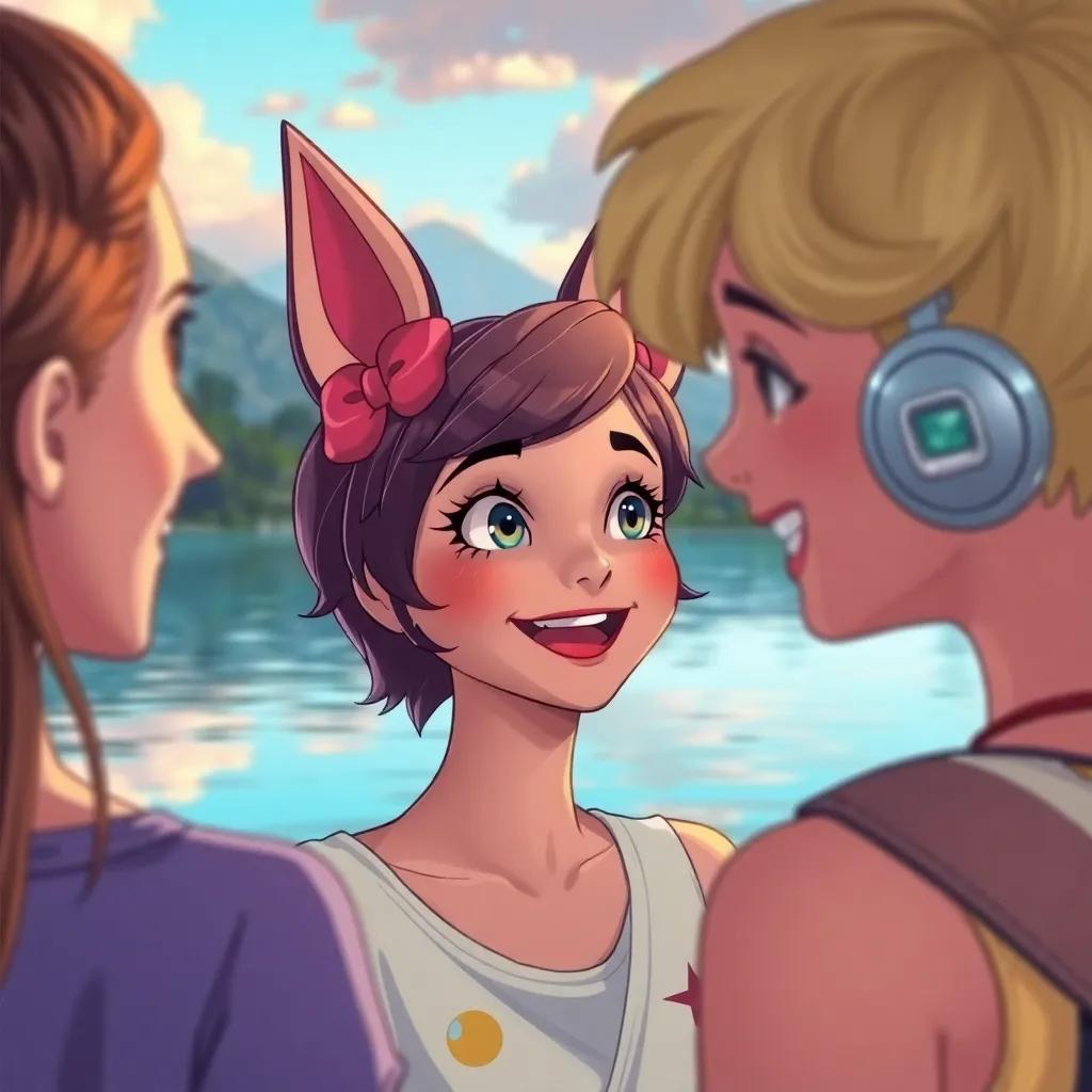 Lulu telling her friends about her flying experience, with excitement in her eyes and a big smile on her face, in front of the beautiful lake, detailed and warm colors, high quality