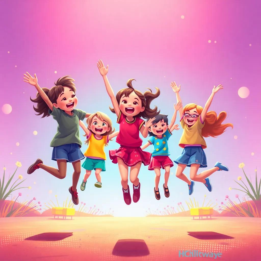 Lulu and her friends practicing jumping together, laughter and excitement in the air, colorful scene filled with joy, depicting teamwork and friendship, child-friendly style