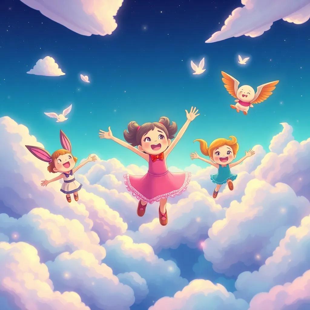 Lulu and her friends finally take flight, soaring through the sky with laughter and joy, clouds all around, vibrant colors, imaginative and fantastic atmosphere, child-friendly illustration