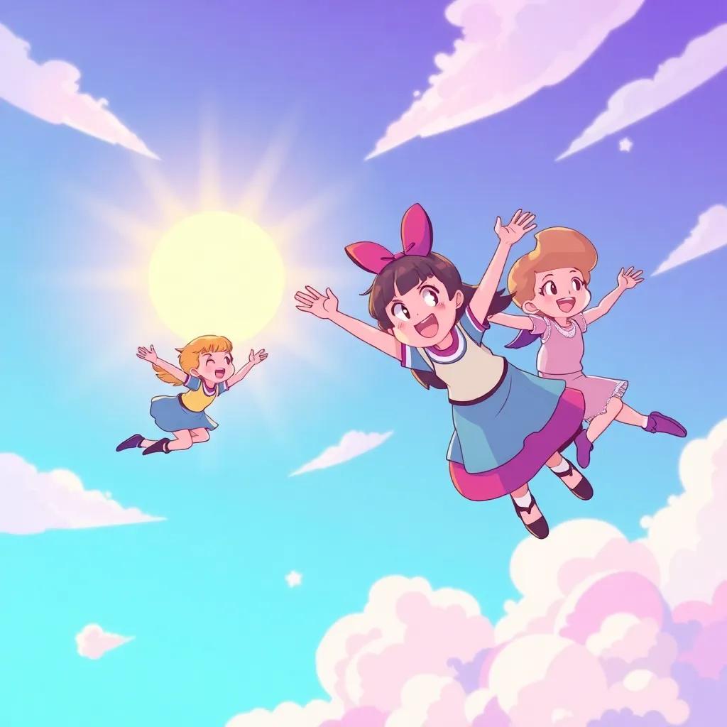 Lulu and her friends flying together happily in the sky with the sun shining brightly, creating memories and laughter as they enjoy their adventure, vibrant and cheerful illustration, high quality