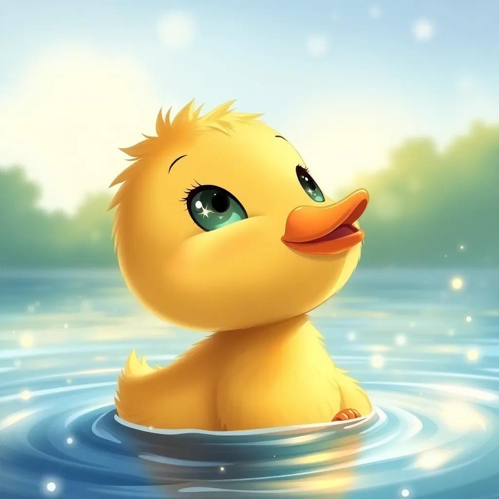 A cute little duck, Lolo, looking up at the sky with big sparkling eyes, surrounded by sparkling water in a beautiful lake, digital art, bright colors, warm and inviting atmosphere, high quality