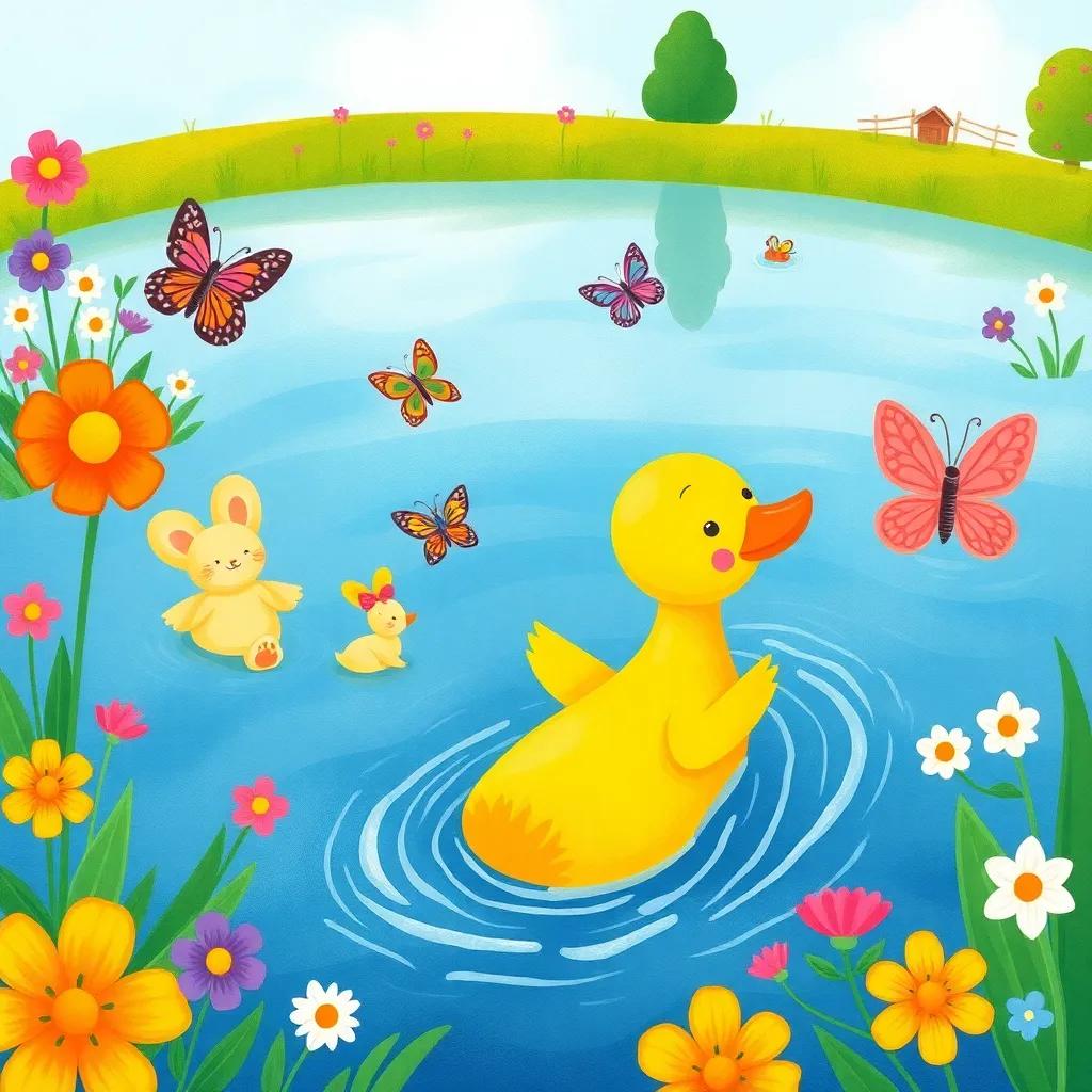 Lolo, a little duck, swimming towards her friends, butterflies and rabbits in the lake, colorful flowers around, cheerful scene, child-friendly illustration