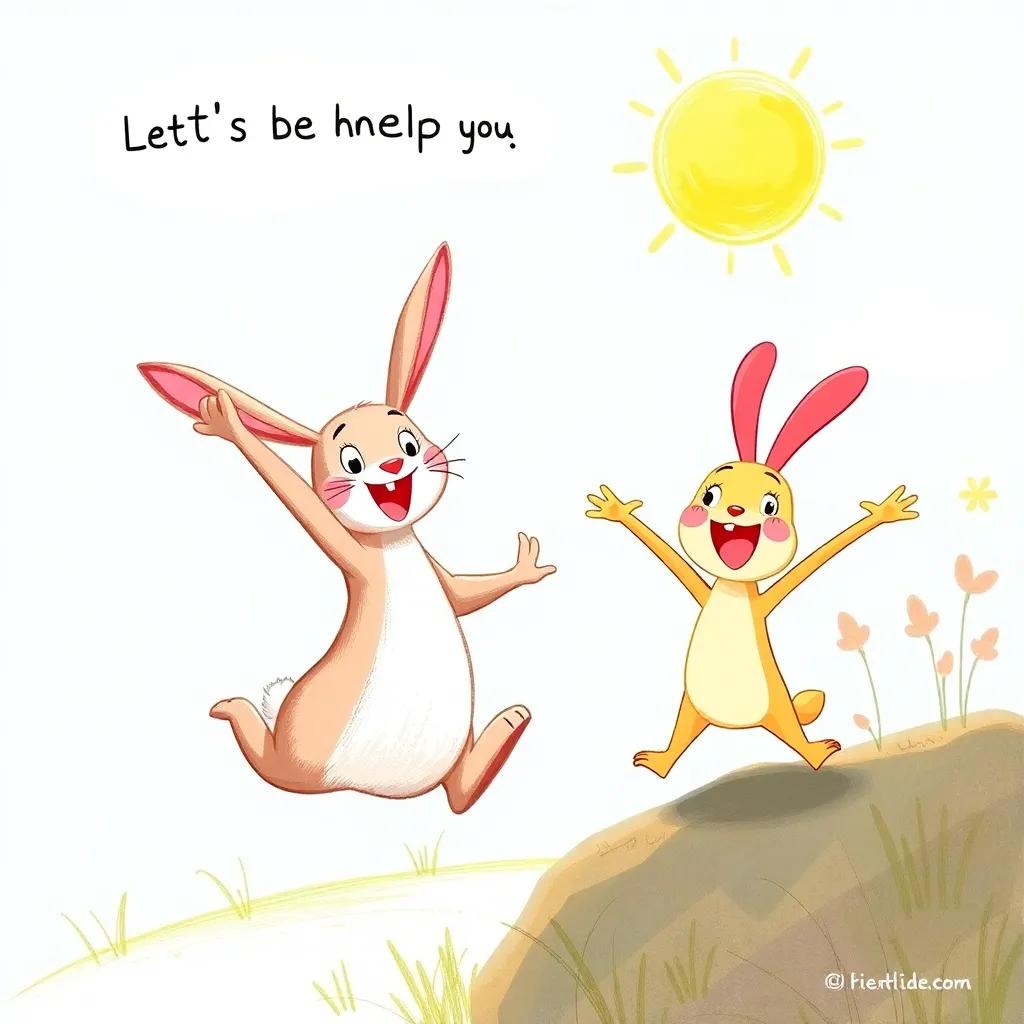 A happy rabbit jumping and saying, "Let's help you fly!" next to Lolo, who is excited with her wings spread, bright sunny day, colorful characters, joyful atmosphere