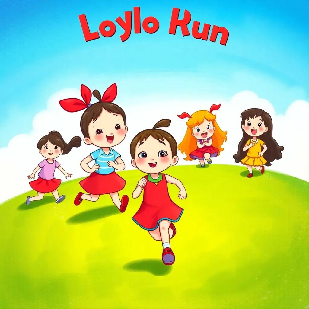 Lolo taking a deep breath ready to run, with her friends cheering behind her, green grass and blue sky above, magical moment, colorful art, cheerful style