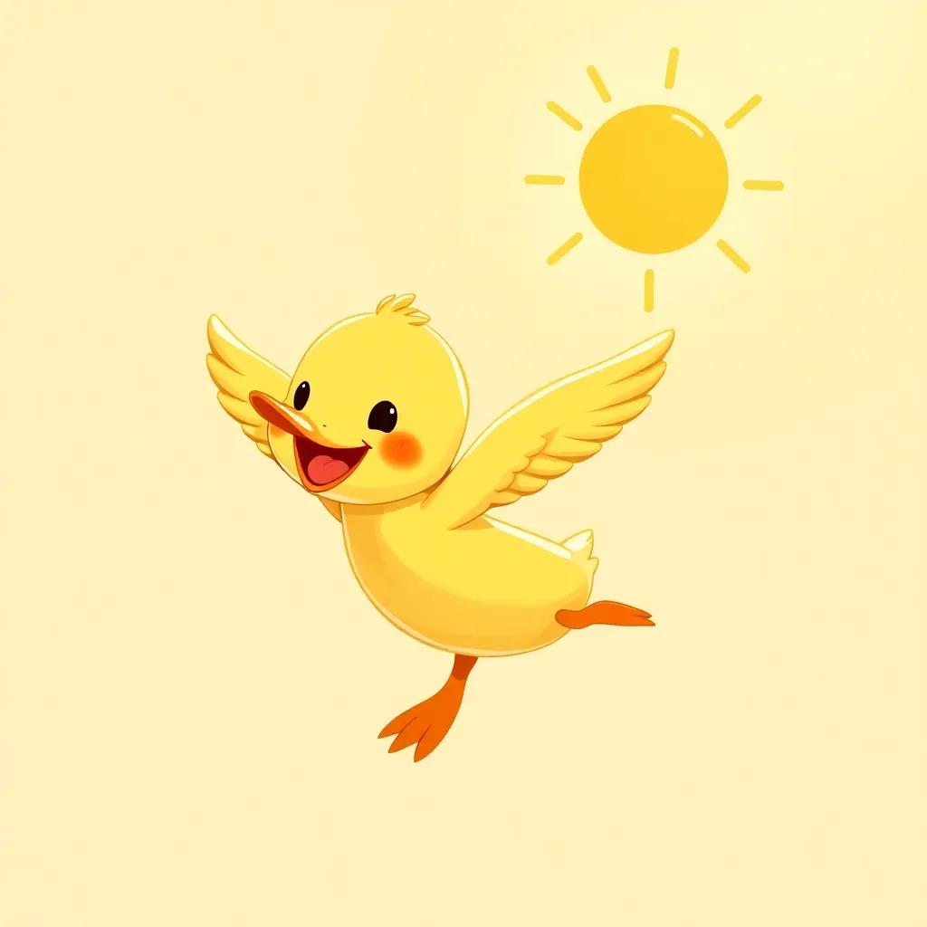 Lolo, a little duck, flying in the air with a big smile, feeling the wind around her, bright sunshine, joyful colors, uplifting scene