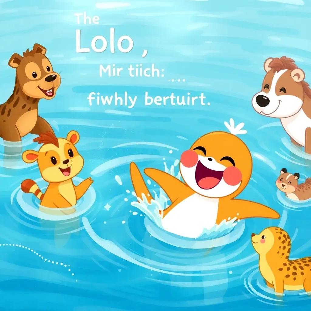 Lolo splashing in the water with a big laugh after her flight attempt, with friendly animals around her, sparkling water, colorful and inviting, illustrated scene