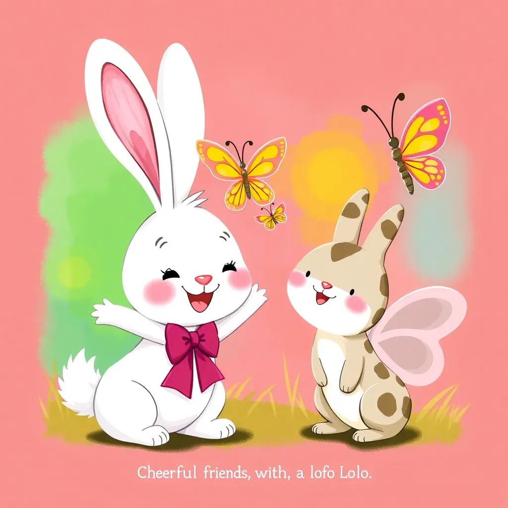 Cheerful friends - the rabbit and butterflies encouraging Lolo, playful atmosphere, colorful background, cartoon style