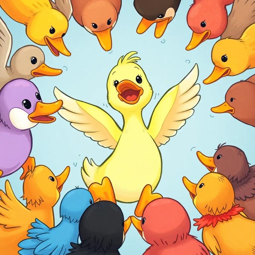 Lolo, a little duck, surrounded by all her friends, focusing together on practicing their fly moves, colorful and dynamic, child-friendly illustration