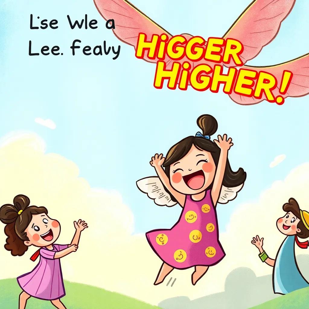 Lolo working hard to fly higher, motivating herself with friends cheering her on, vibrant colors, hopeful scene