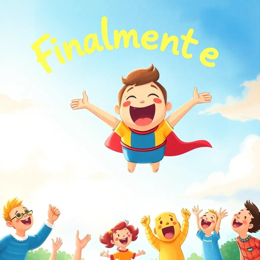 Finalmente, Lolo flying successfully in the sky, joyful expression, all her friends cheering from below, bright and colorful sky, animated and cheerful