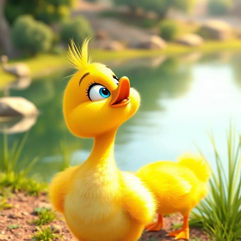 A small duck, Farah, with shiny yellow feathers, standing next to a large lake, looking up at the sky with a hopeful expression, in a cheerful setting, vibrant colors, inviting atmosphere, high quality