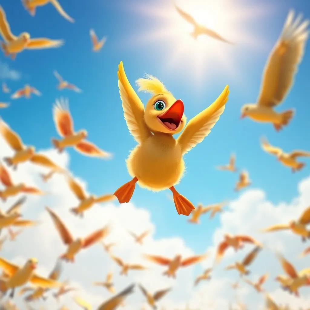 A small duck, Farah, with shiny yellow feathers, flying joyfully in the blue sky, surrounded by colorful birds, sunlight shining down, joyous scene, dynamic perspective, celebration of freedom, high quality