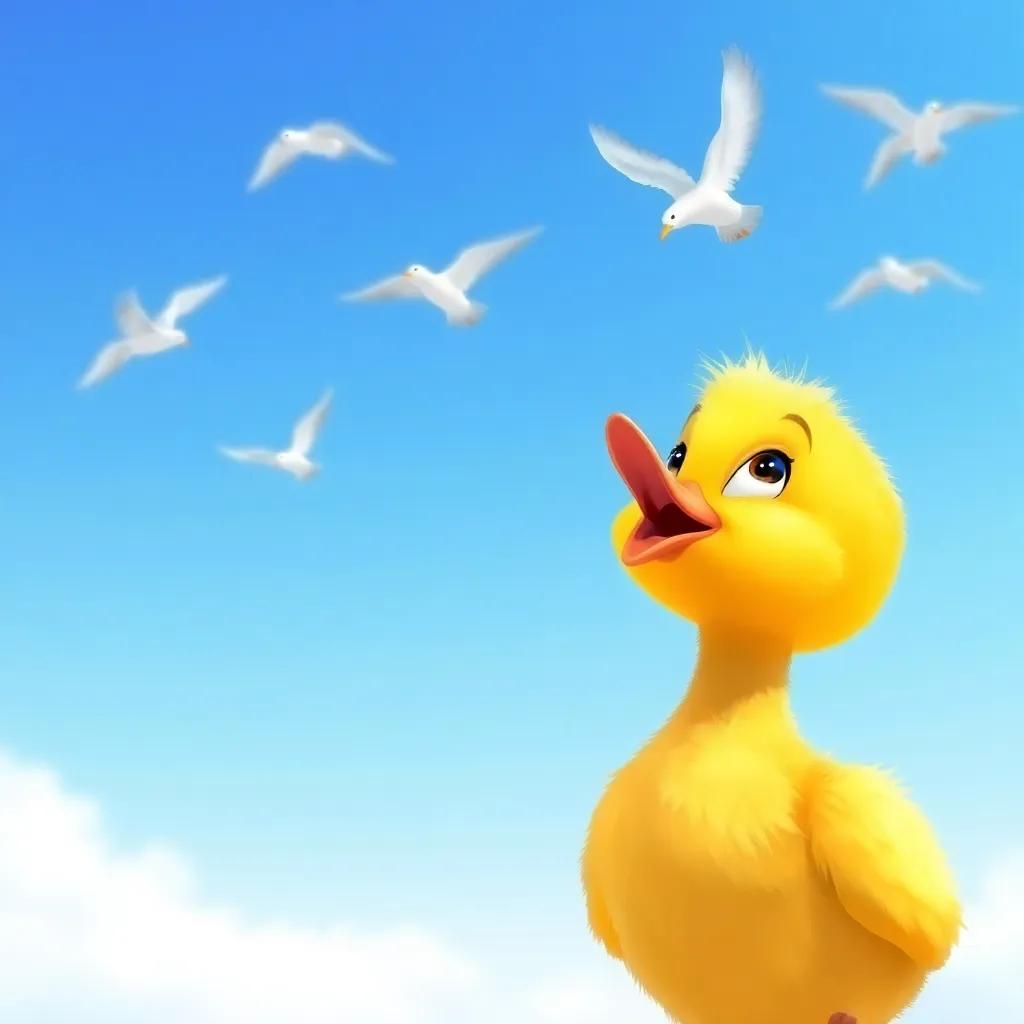 A small duck named Leila, with fluffy yellow feathers, looking up at birds flying in the clear blue sky, excited and hopeful, illustration, cheerful, vibrant colors, inviting atmosphere, high quality