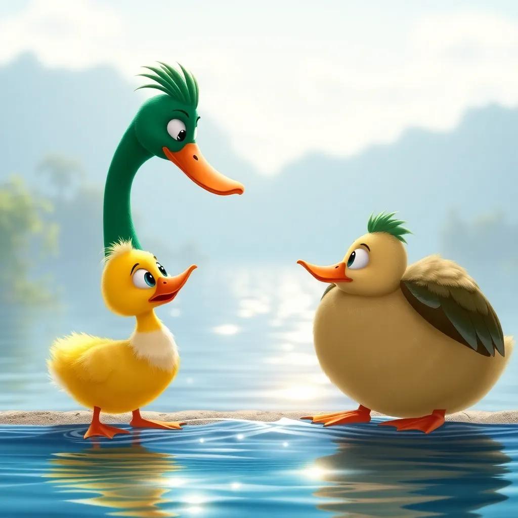 Leila, the little duck, talking to a strong duck named Sami, with a proud posture and green feathers, by the shimmering lake, showing determination, digital art, friendly atmosphere, bright colors, high quality