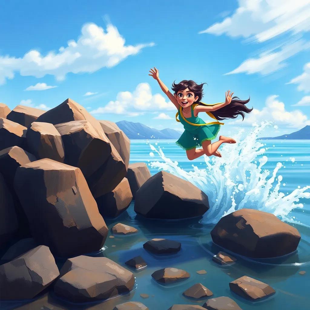 Leila practicing jumping from rocks on the lake shore, splashing water, with determination on her face, trying hard to fly, digital painting, colorful, dynamic scene, uplifting mood, high quality