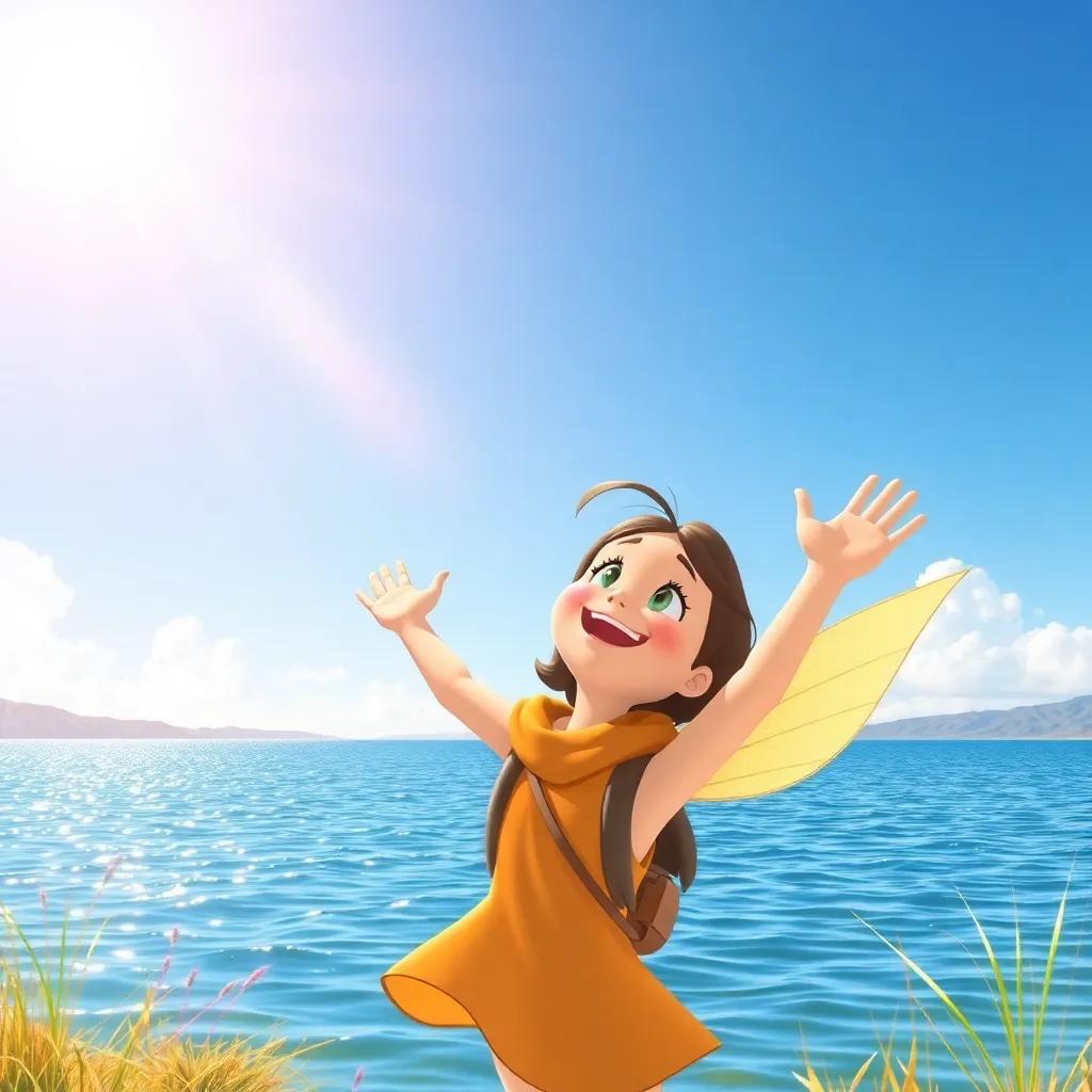 A bright sunny day at the lake, Leila excitedly preparing to fly with a blue sky above, feeling the gentle wind, illustration, warm colors, joyful energy, high quality
