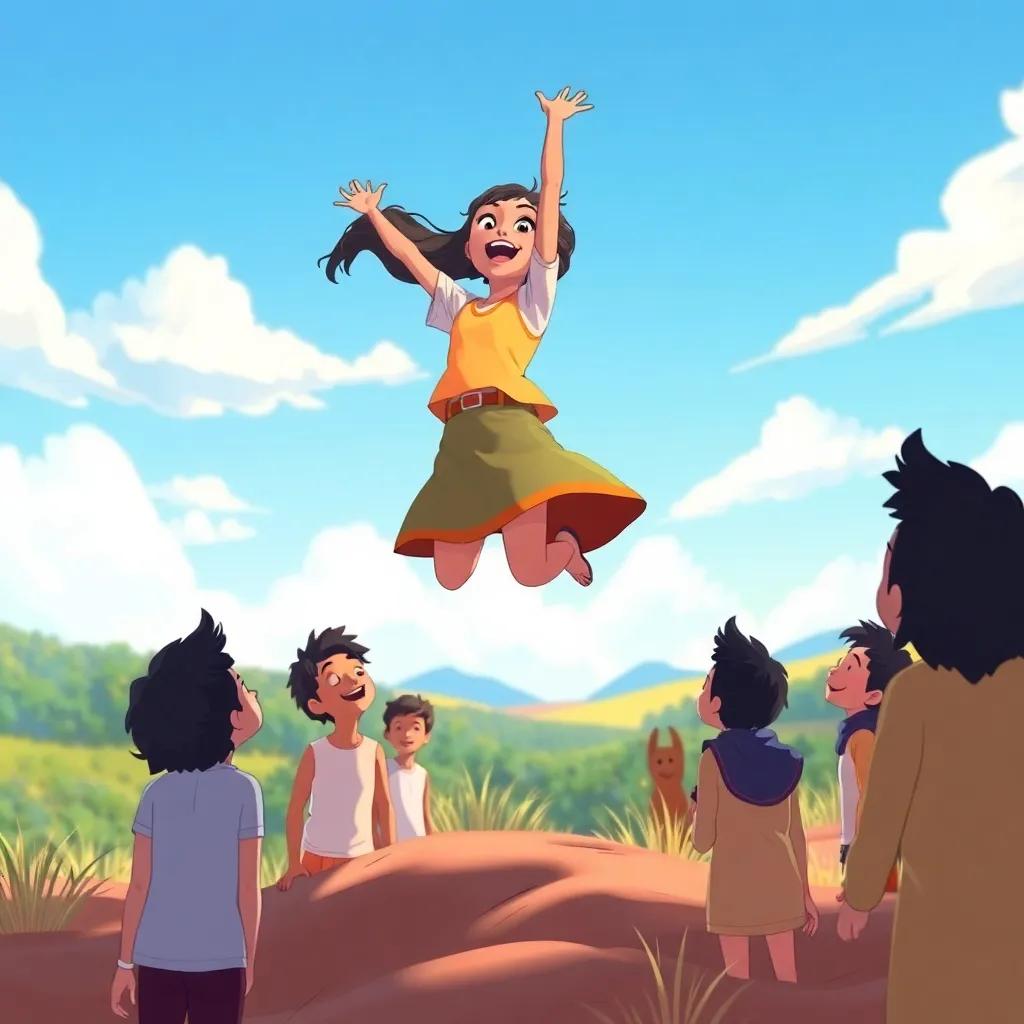 Leila surprisingly lifting off the ground, feeling free and happy, surrounded by her friends watching her proudly, illustration, vibrant colors, sense of freedom, high quality