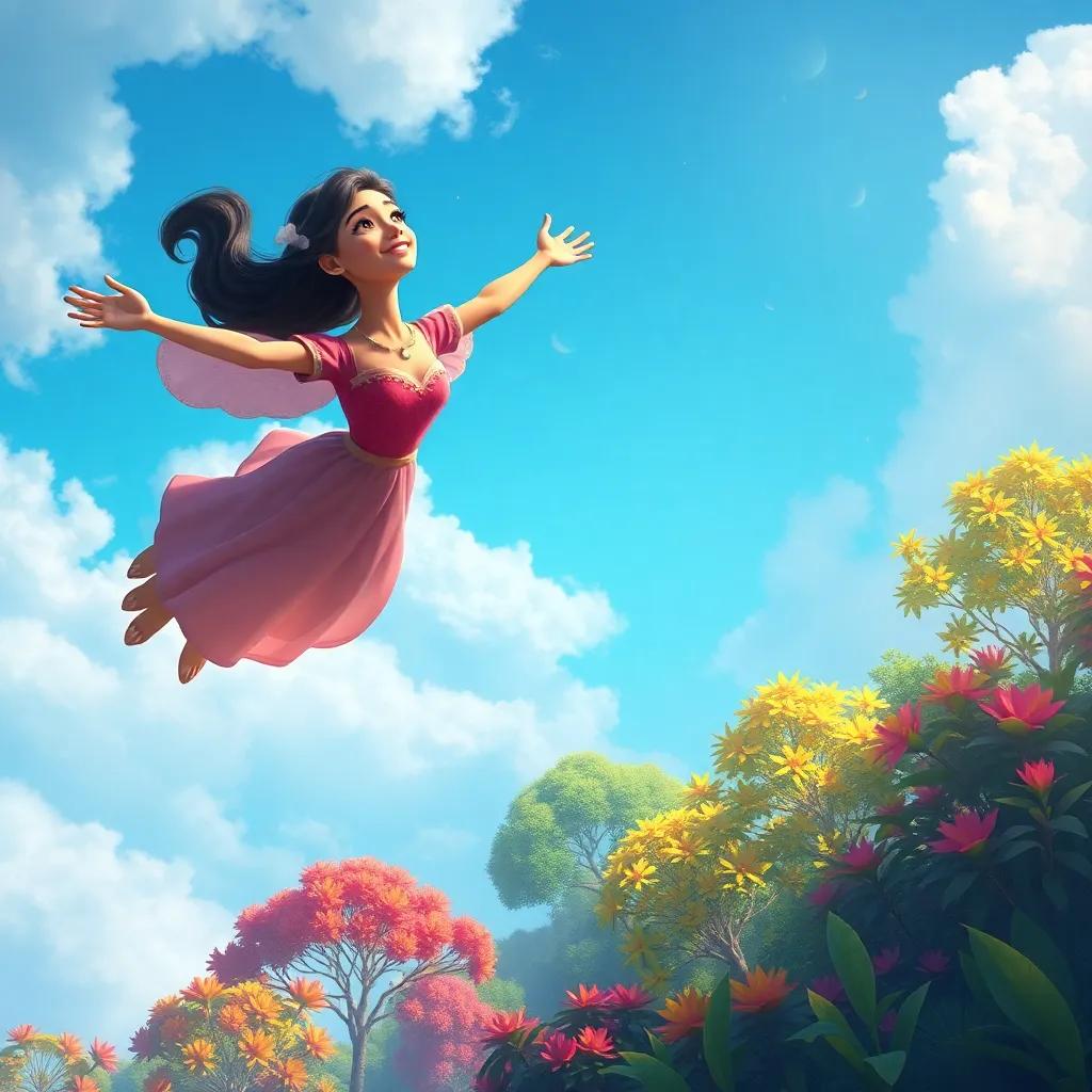 Leila soaring in the sky with bliss, looking down at the beautiful trees and colorful plants below, capturing the beauty from above, digital painting, rich colors, magical scene, high quality