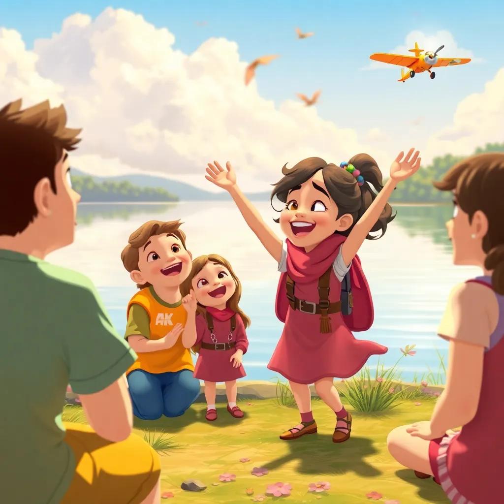 Leila joyfully sharing her flying experience with friends, gathering by the lakeside, full of excitement and laughter, illustration, warm atmosphere, colorful accents, high quality