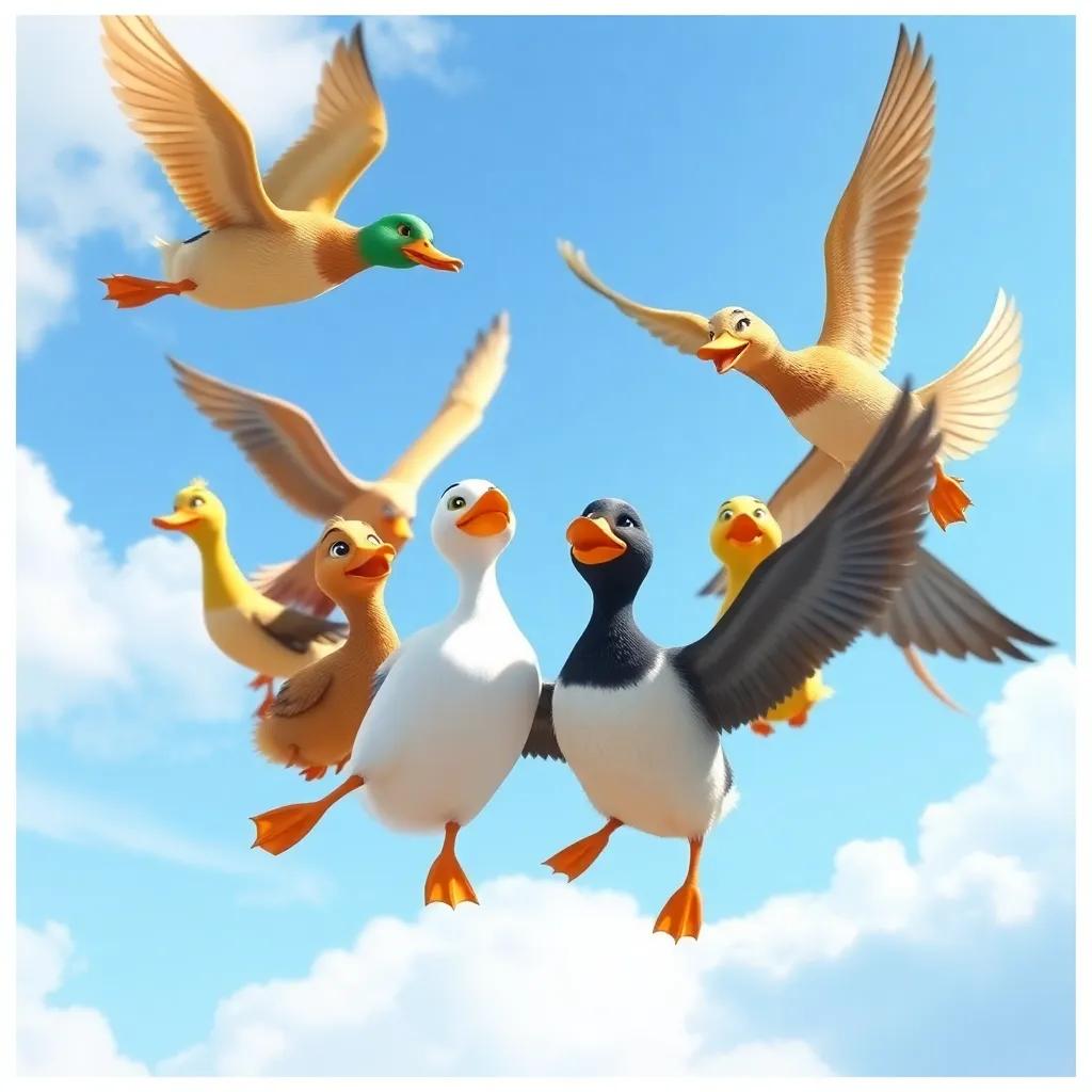 A heartwarming scene of Leila and her friends learning to fly together, all different ducks fostering friendship in the blue sky, digital art, vibrant community feeling, uplifting scenery, high quality