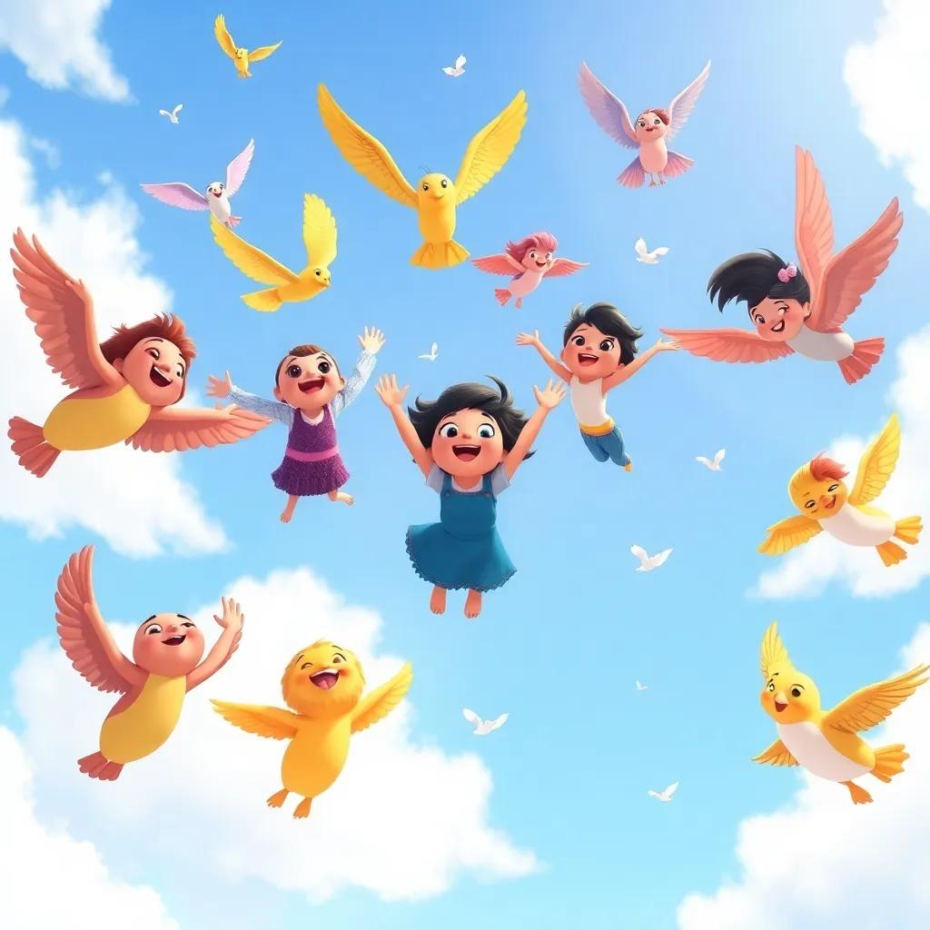 All of Leila's friends flying together in the sky, creating patterns and shapes, enjoying their new found freedom, sunny day background, illustration, joyful, heartwarming, high quality