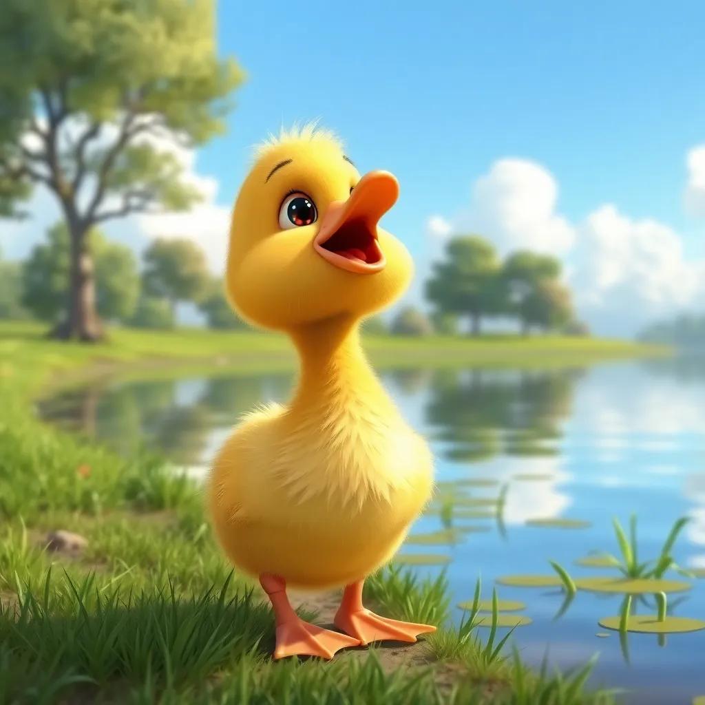 A small duck named Lulu, a young Arab duckling with fuzzy yellow feathers, looking excitedly at the sky, by a tranquil lake surrounded by green grass and trees, illustration, cheerful, vibrant colors, whimsical atmosphere, high quality
