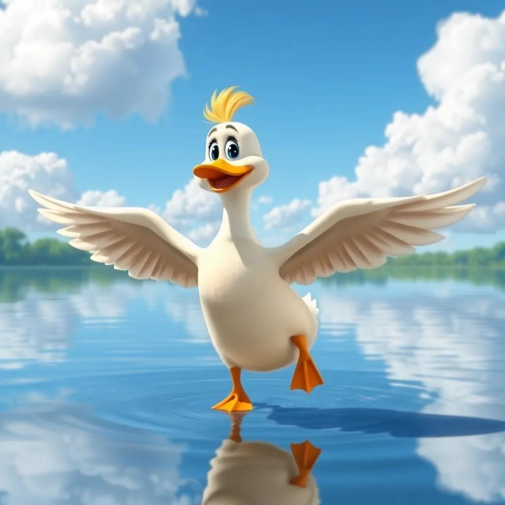 Lulu the duck practicing her flying at the lake, with her wings outstretched and a determined expression, the water reflecting the blue sky and fluffy white clouds, colorful, inspiring scene, digital art, high quality