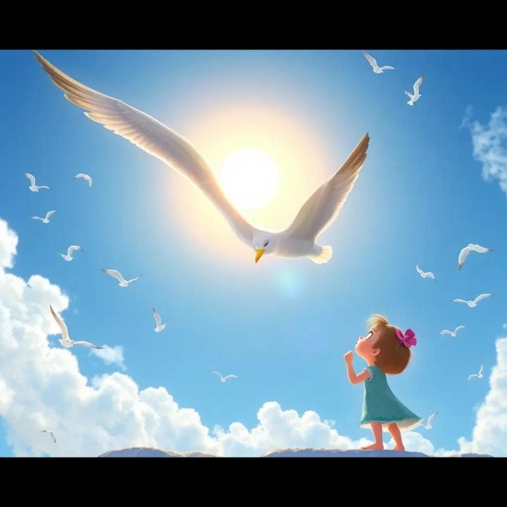 A big seagull, soaring high in the sky with Lulu watching in awe, the sun shining brightly and the birds flying around, illustrating a beautiful day, digital painting, bright and vivid colors, magical feeling, high quality