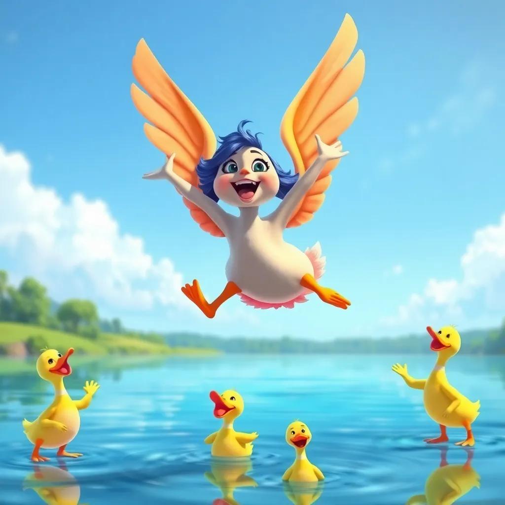 Lulu, expressing her determination with her wings wide open, practicing her flying with joy over the lake, her duck friends cheering her on from below, fun and adventurous scene, colorful, exciting imagery, high quality