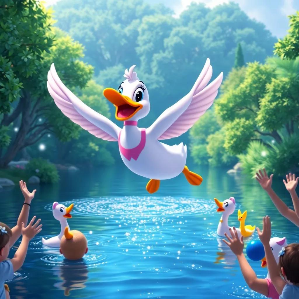 Lulu the duck flying above the lake, surrounded by cheering friends, the water sparkling and the trees lush, creating a lively show atmosphere, digital art, happy colors, colorful and vibrant, high quality