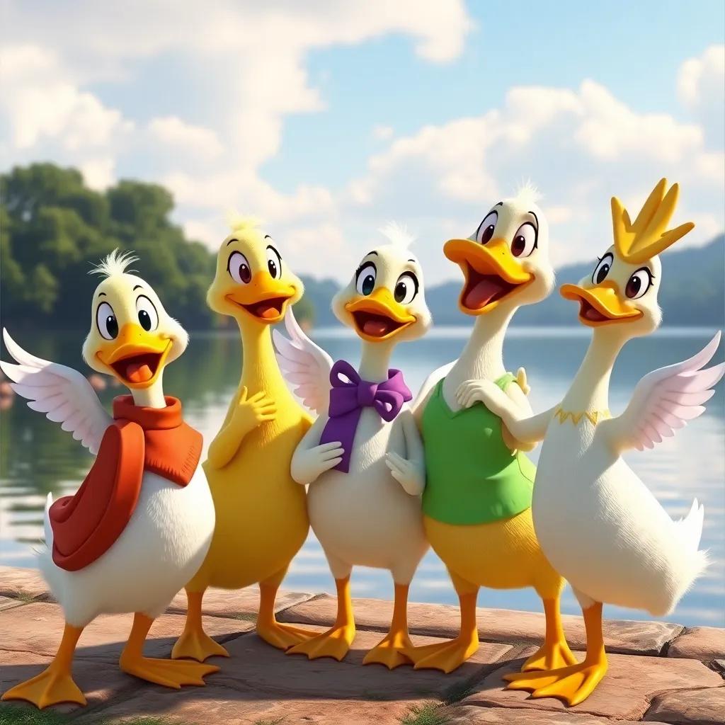 A joyful scene of duck friends supporting Lulu, standing by the lake with bright smiles and waving their wings, embodying friendship and encouragement, cheerful colors, heartwarming atmosphere, high quality